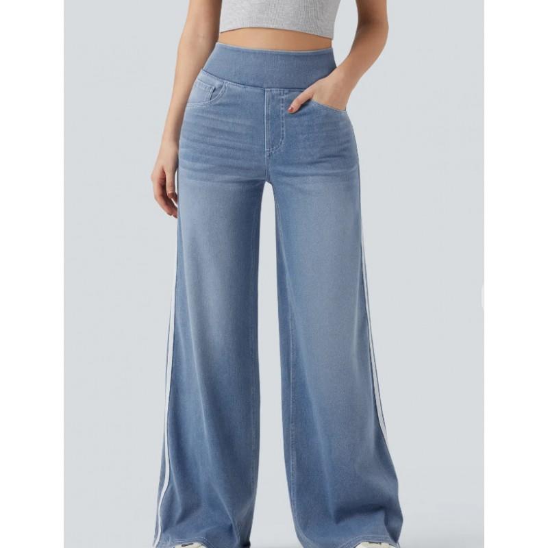 Womens Vintage Washed Striped Jeans High Waist Loose Wide Leg Trousers Streetwear