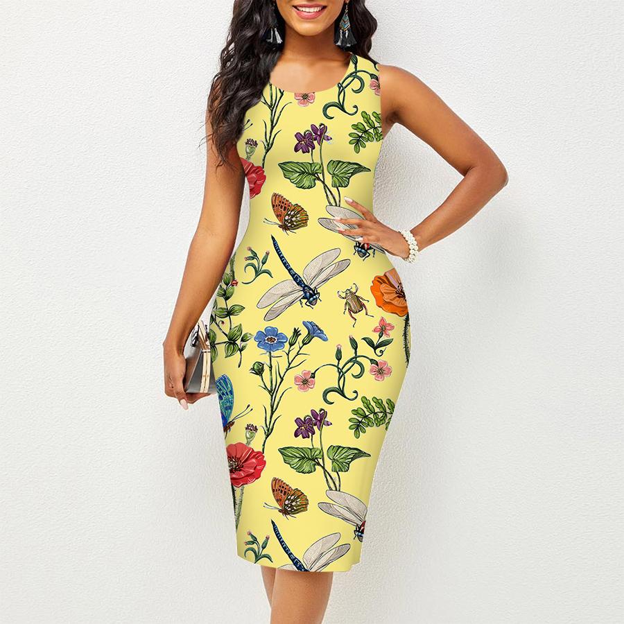 Женское платье Sling Summer Butterfly Dragonfly Flower Print Dresses Tight без рукавов Slim Fit Sexy Fashion Top Clothing