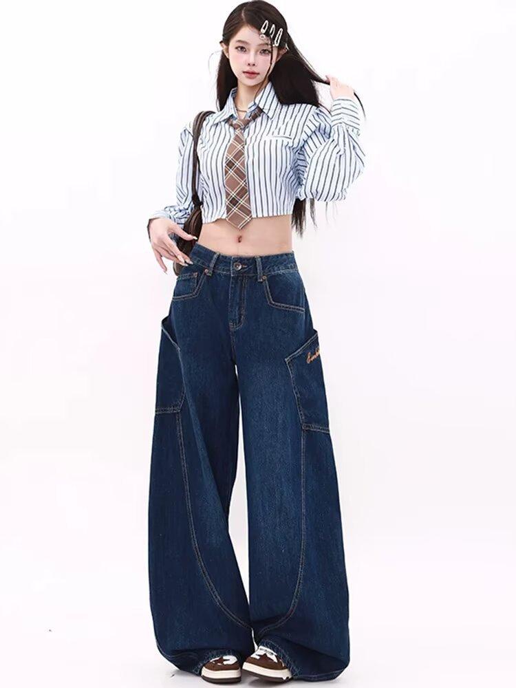 American retro wide-leg jeans women's spring and autumn new scimitar design sense high waist loose long pants