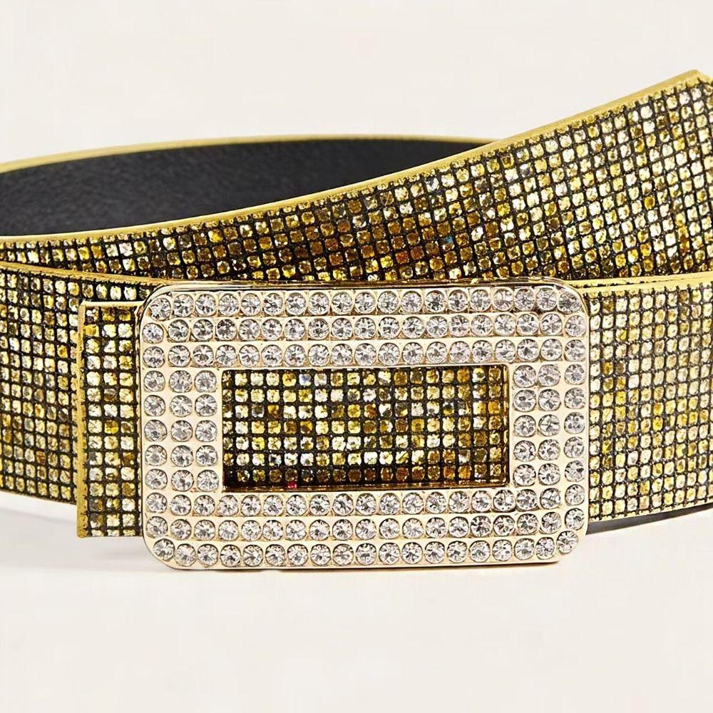 Punk Sequin Belt Rhinestone Square Buckle Y2K Girl Waistband PU Leather Wide Waistband  Outdoor