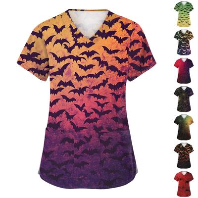 Женская модная рабочая униформа с V-образным вырезом и короткими рукавами, с карманами, топ с принтом на Хэллоуин