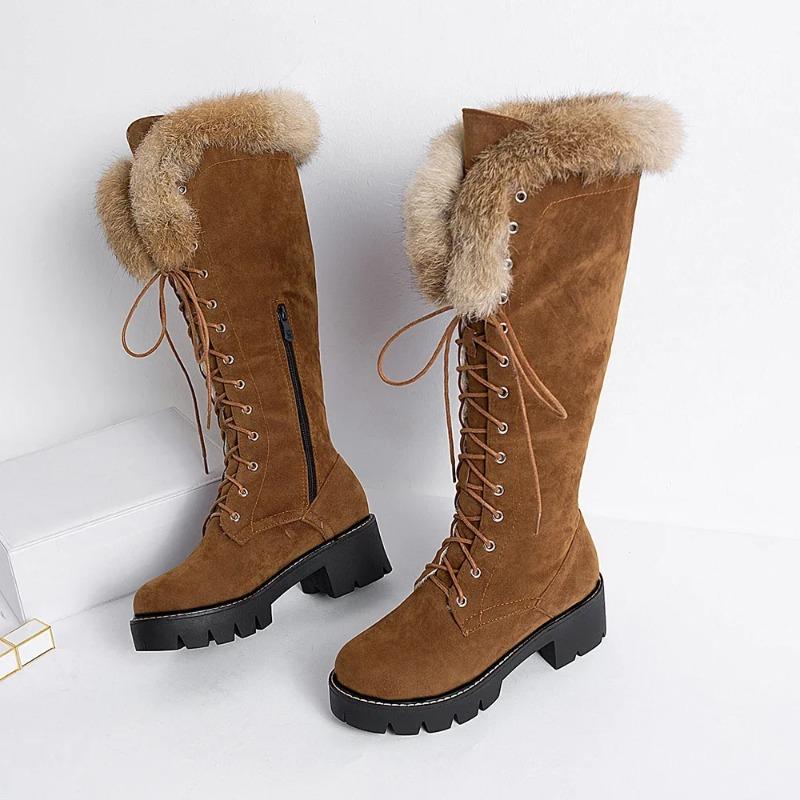 Fashion Lace-up Winter Shoes Women Snow Boots Real Fur Boots Women Knee High Suede Thick Heel Warm Outdoor with Zip Big Size 43