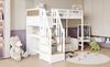 Bunk bed, with color-contrasted fall protection railing, desk with 3 drawers, 4-step ladder cabinet, open shelf, pine+MDF, white+natural, 90x200cm