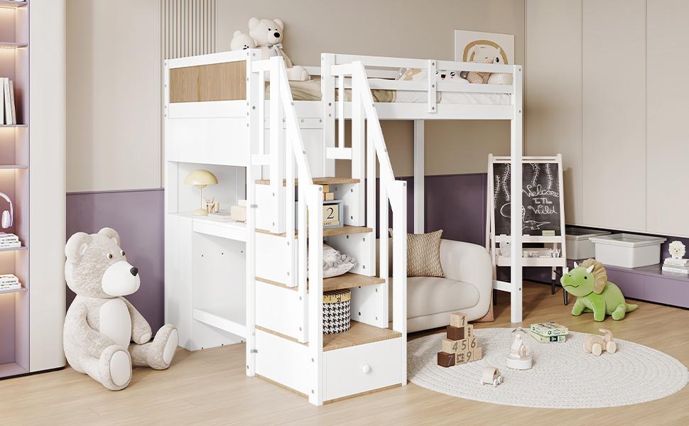 Bunk bed, with color-contrasted fall protection railing, desk with 3 drawers, 4-step ladder cabinet, open shelf, pine+MDF, white+natural, 90x200cm