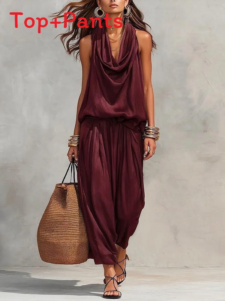Elegant Polyester Sleeveless Shirt And Long Pants Set For Women In Spring Casual Wear