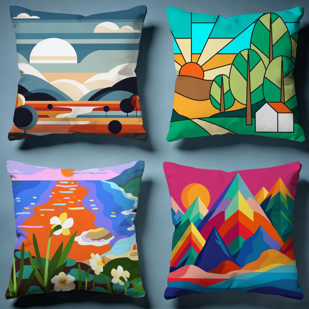Geometric Landscape Cushion Cover Soft Decorative Pillow Case Suitable for Bedroom Sofa Car Travel Use