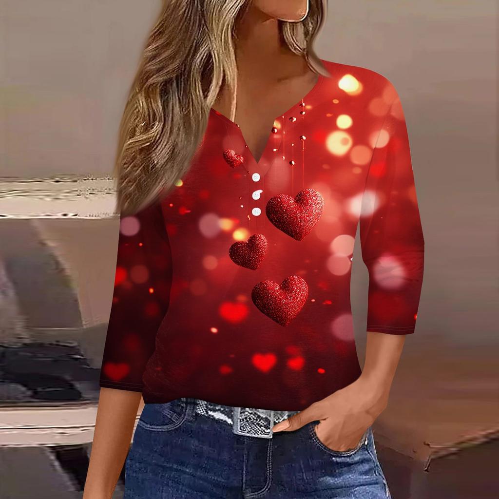 Женский повседневный универсальный топ с V-образным вырезом и рукавом три четверти на пуговицах с принтом ко Дню святого Валентина