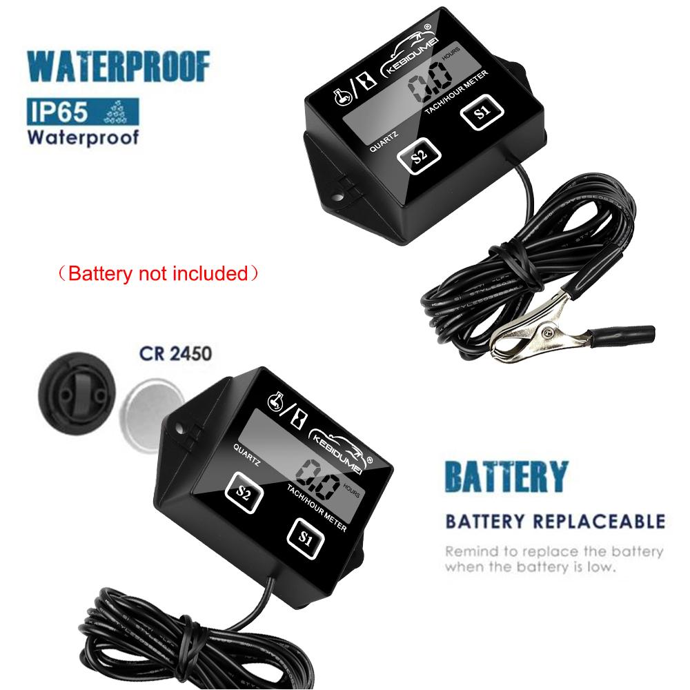 Kebidumei Съемный аккумулятор Цифровой двигатель Тахометр Датчик тахометра Счетчик моточасов с зажимом RPM ЖК-дисплей для мотоцикла Ход лодки