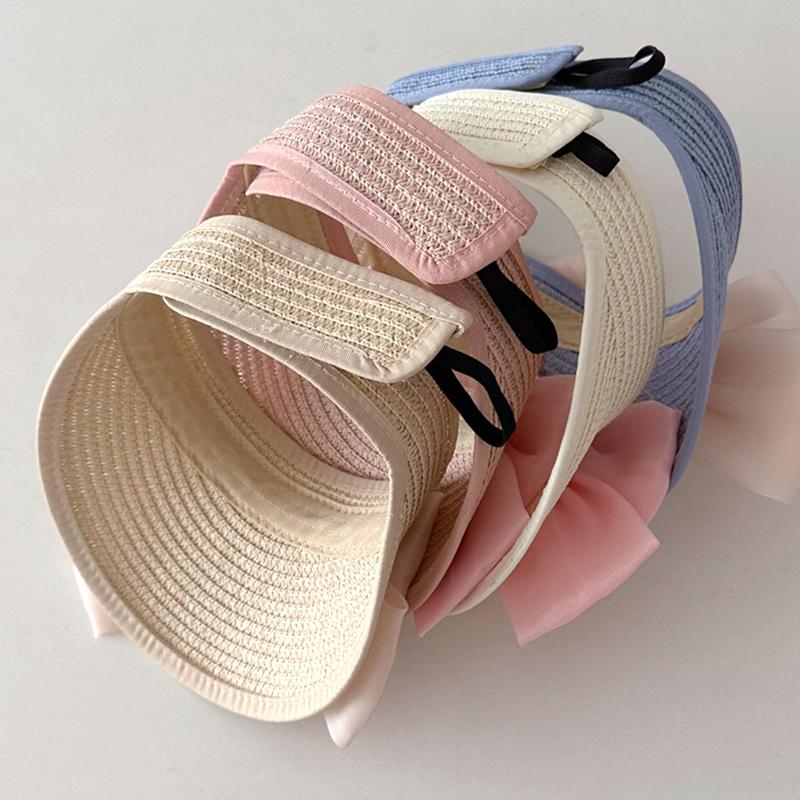 New Korea Style Baby Straw Caps Kids Sun Hats Empty Top Big Bow Hat Child Straw Sunshade Sunscreen Hats Baby Accessories Newborn