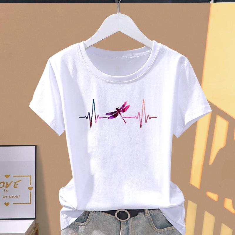 Азиатский размер - женская женская футболка, женская футболка со стрекозой, любовью и сердцем, милая одежда, повседневный летний топ с принтом, модная футболка с коротким рукавом и рисунком