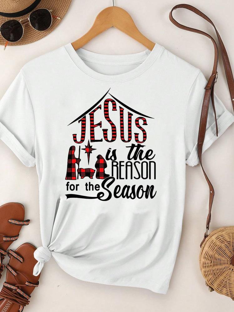 (Asian Size) Merry Christmas Tee Top Festival New Year Holiday Casual Lovely Letter Trend Women Print Lady Short Sleeve Fashion Graphic T-shirts