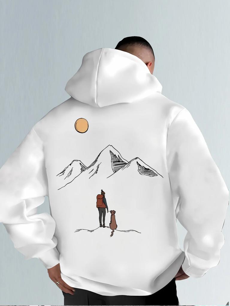 Minimal Nature Scenery Print Men Hoodie Hiker And Dog Mountain Sunset Graphic Lightweight Daily Outdoor Hooded Pullover