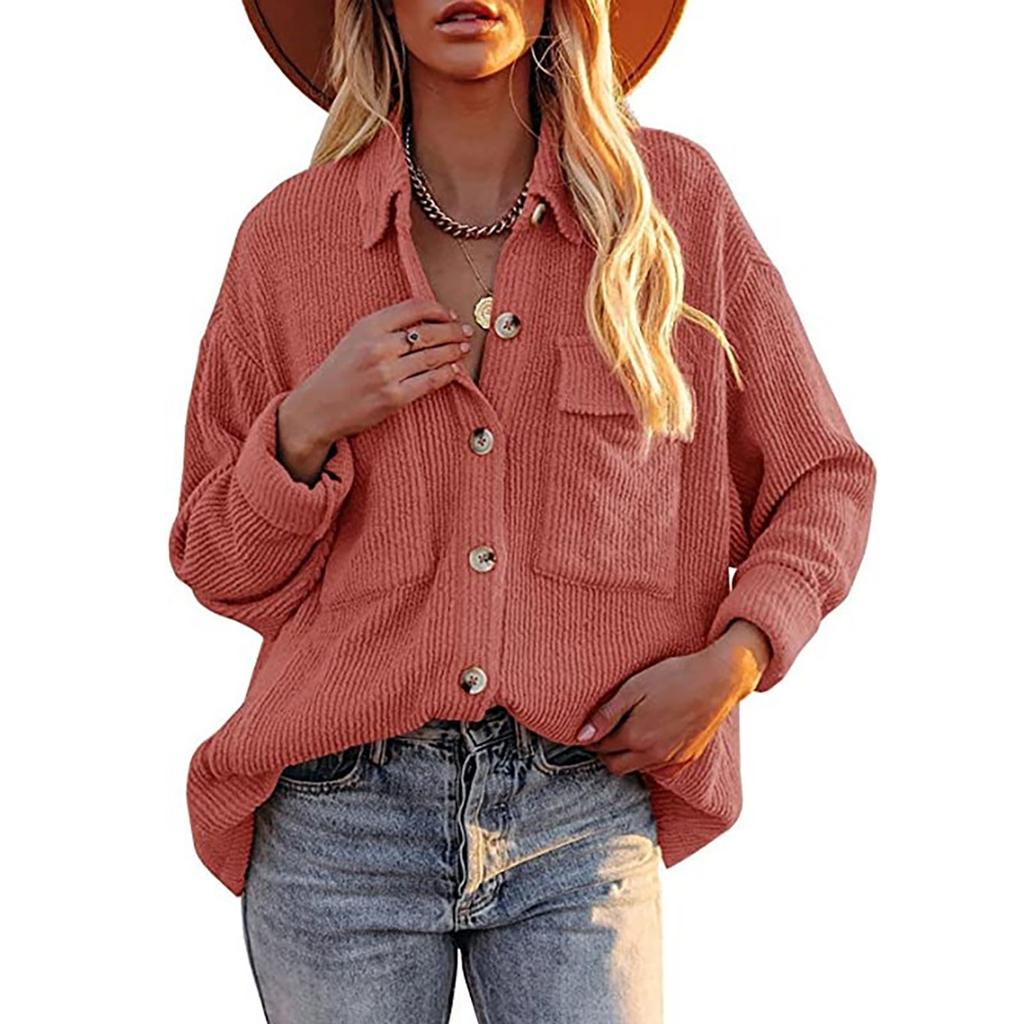 Women's And Winter Loose Corduroy Lapel Double Pockets Long-Sleeved Shirt Jacket