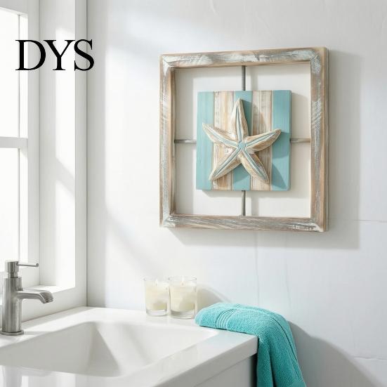Small Beach House Ornaments 3D Conch/Starfish/Shell Wooden Frame Wall Art, Distressed Coastal Style Decoration, Seaside Theme Decorations Ocean