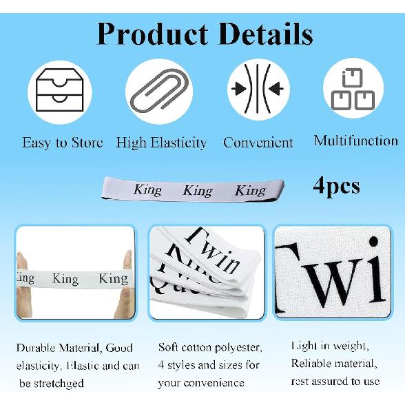 4pcs Bed Sheet Organizer Bands, Closet Organization Sheet Straps, Sheet Keepers Elastic Sheet Storage Sheet Sets for Organizing, Linen Labels Bedding