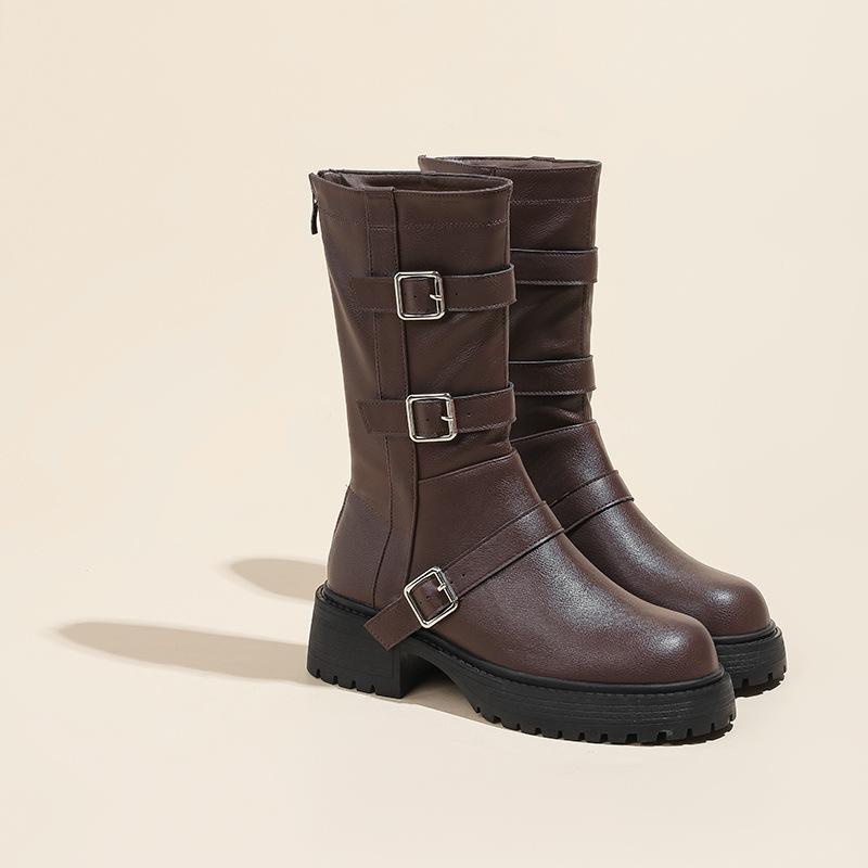 Ботильоны в британском стиле с пряжкой на ремне, новинка осени и зимы 2025, с круглым носком и толстым каблуком, ботинки мартин, женские ковбойские ботинки