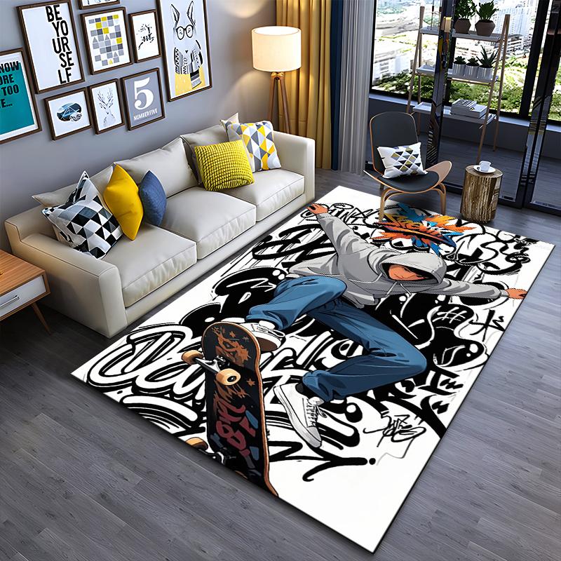 Area Rug, Skater Hoodie Graffiti Black Orange Blue Street Art Poster, Bedroom Decor, Non-Slip Mat