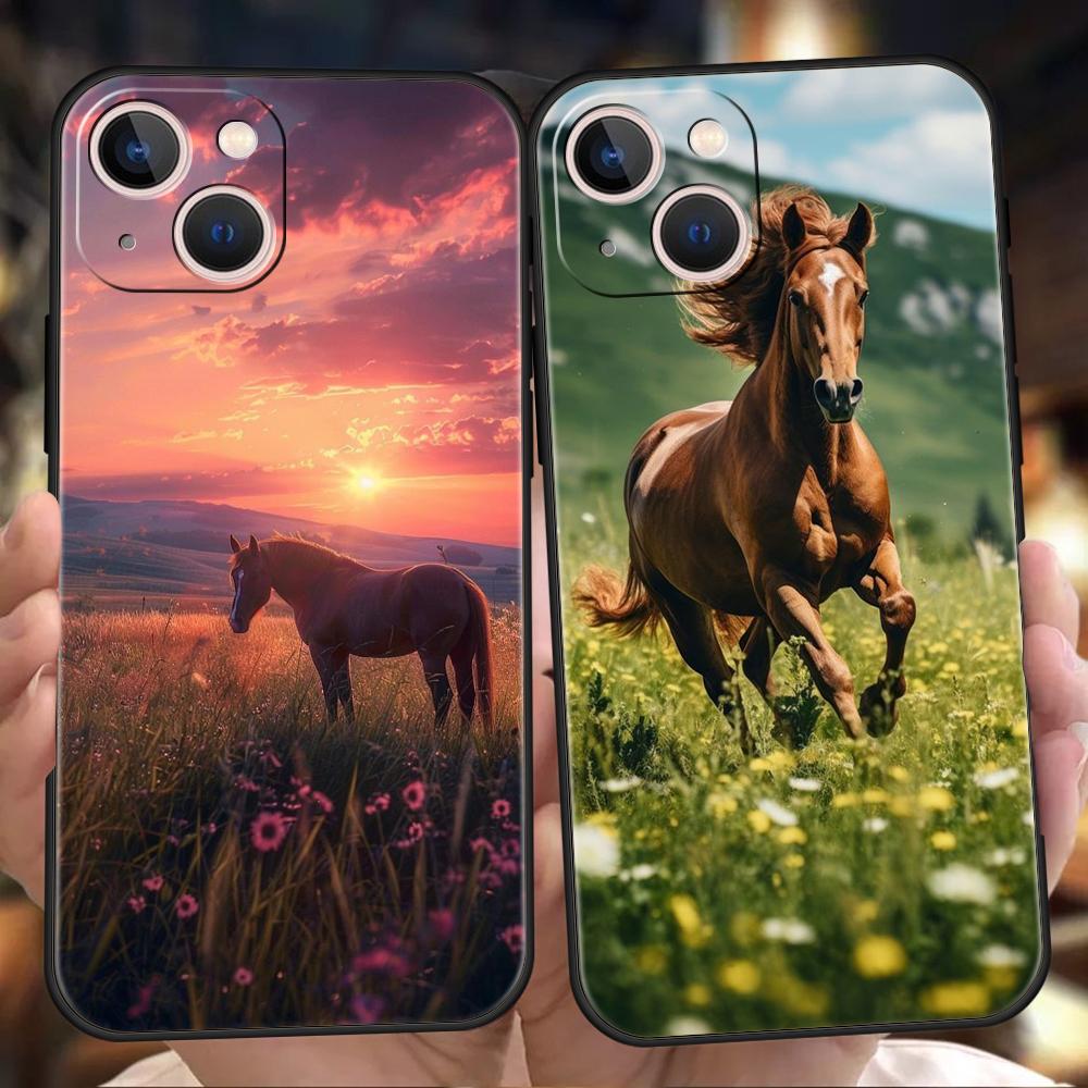 Роскошный мягкий чехол из ТПУ для iPhone 16 11 15 14 Pro MAX 12 13 7 8 Plus X XR XS SE 2022 Черный чехол Лошадь Животное