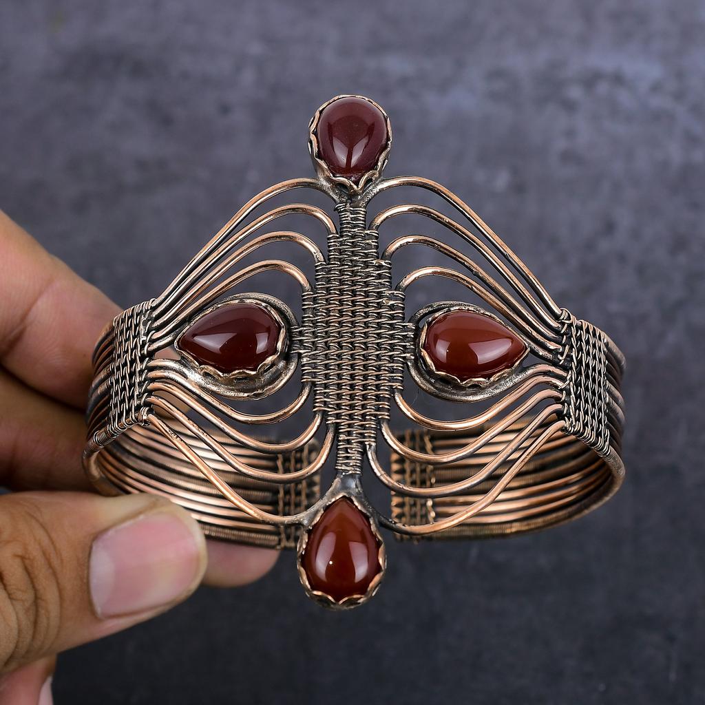 Браслет-манжета из медной проволоки с драгоценным камнем сердолик, регулируемый, t7a82