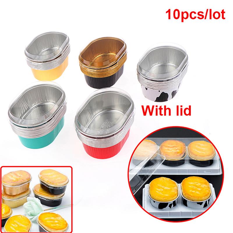 10Pcs Aluminum Foil Baking Cup Heat Resistant Cake Cups Mold With Lid Cupcake