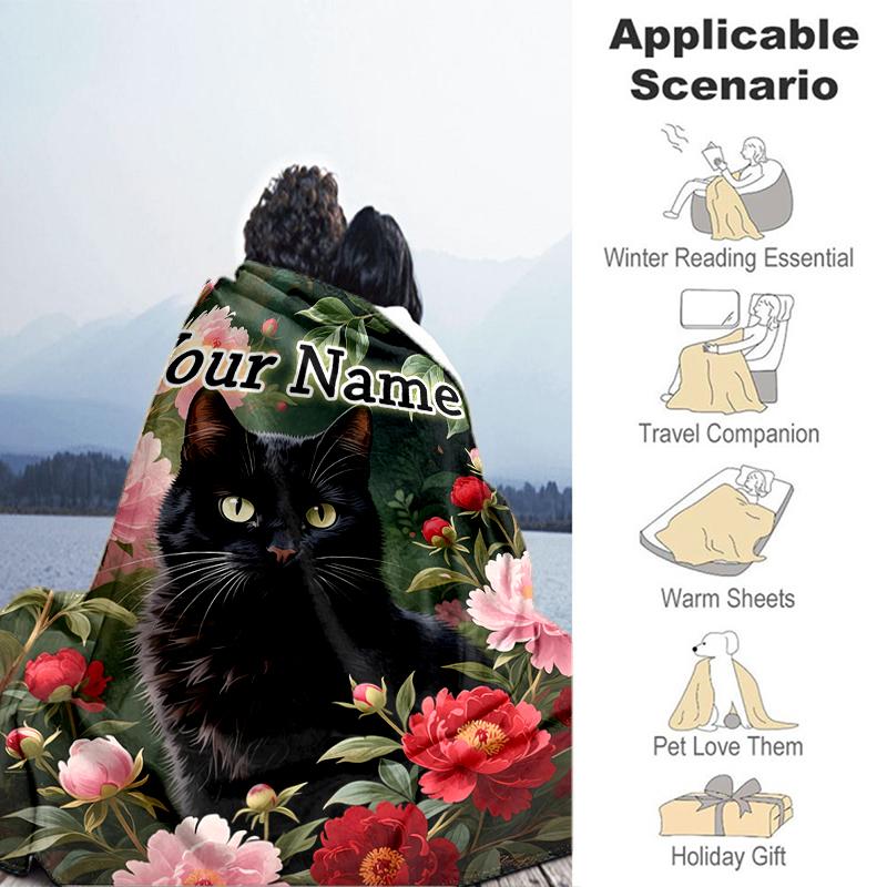 1PC Custom Name Black Cat Flowers flannel blanket versatile,all-season throw suitable for the living room,bedroom,camping,travel,and gift