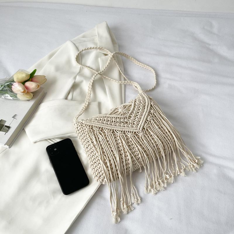 Fashion Cotton Woven Hollow Shoulder Crossbdoy Bags Female Summer Beach Bag Travel Small Tassel Handbag