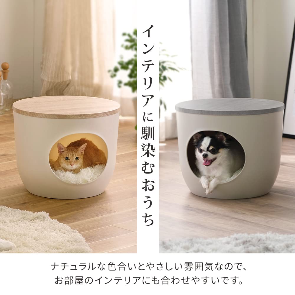 Iris Ohyama Indoor Dog and Cat House, Plastic with Cushion, Washable, Light Natural, for Small Dogs and Cats