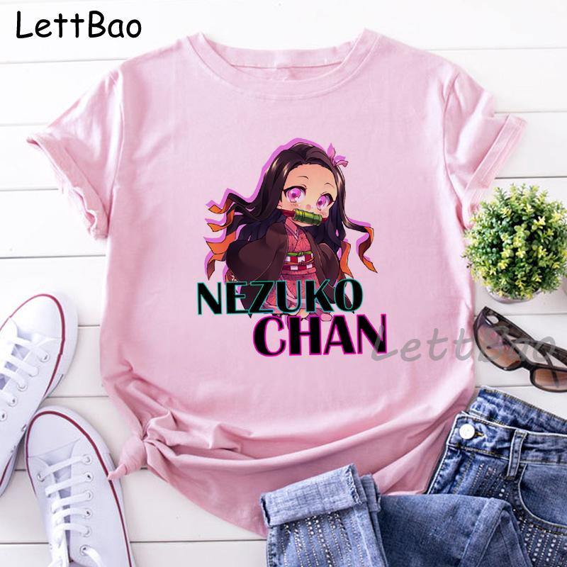 Nezuko Kimetsu No Yaiba Funny Graphic Pink T Shirts Women Vintage Anime Print Tee Shirt 90S