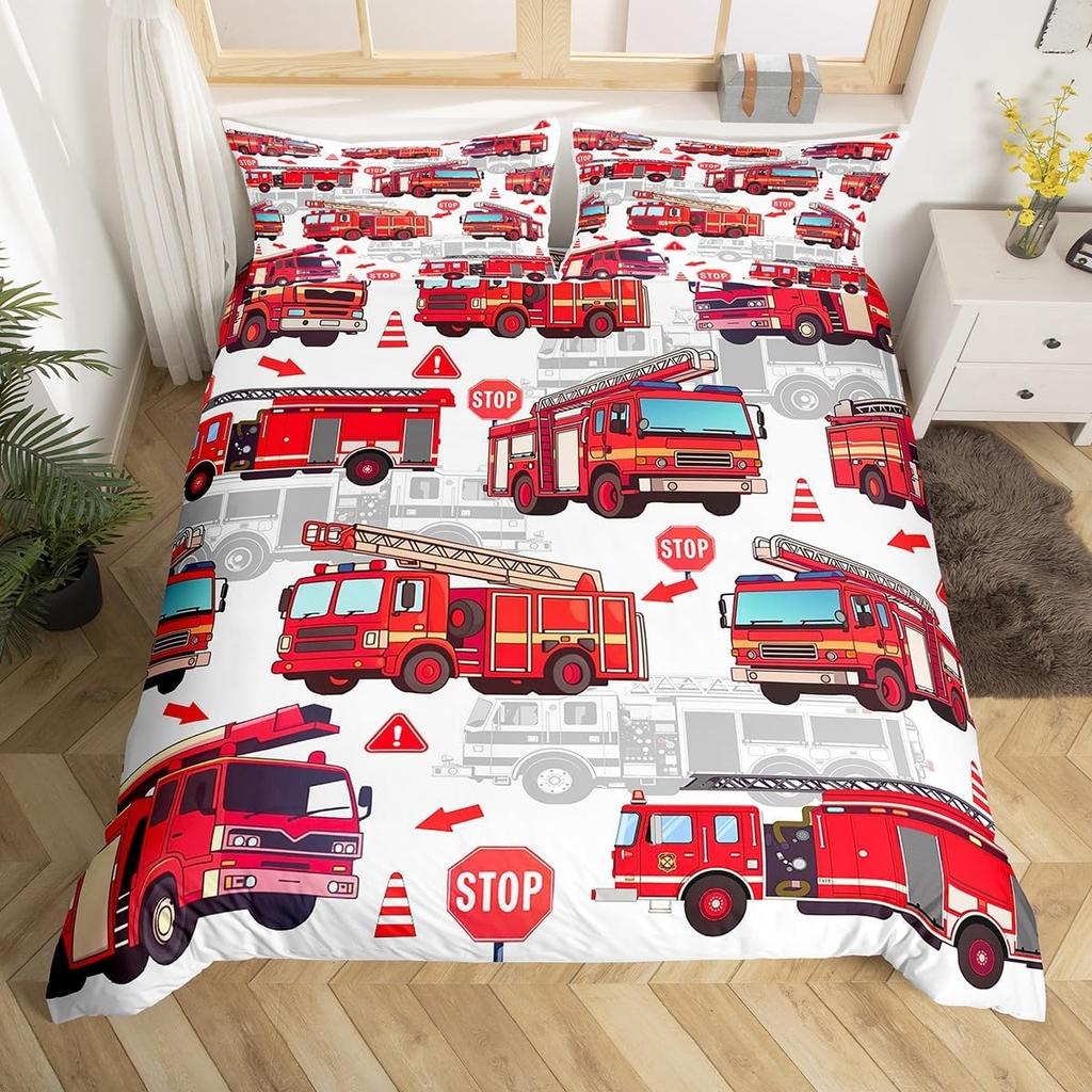 Fire Truck Duvet Cover Twin Queen Size,Kids Cute Car Road Traffic Print Comforter Cover Cartoon City Map Firefighter Bedding Set
