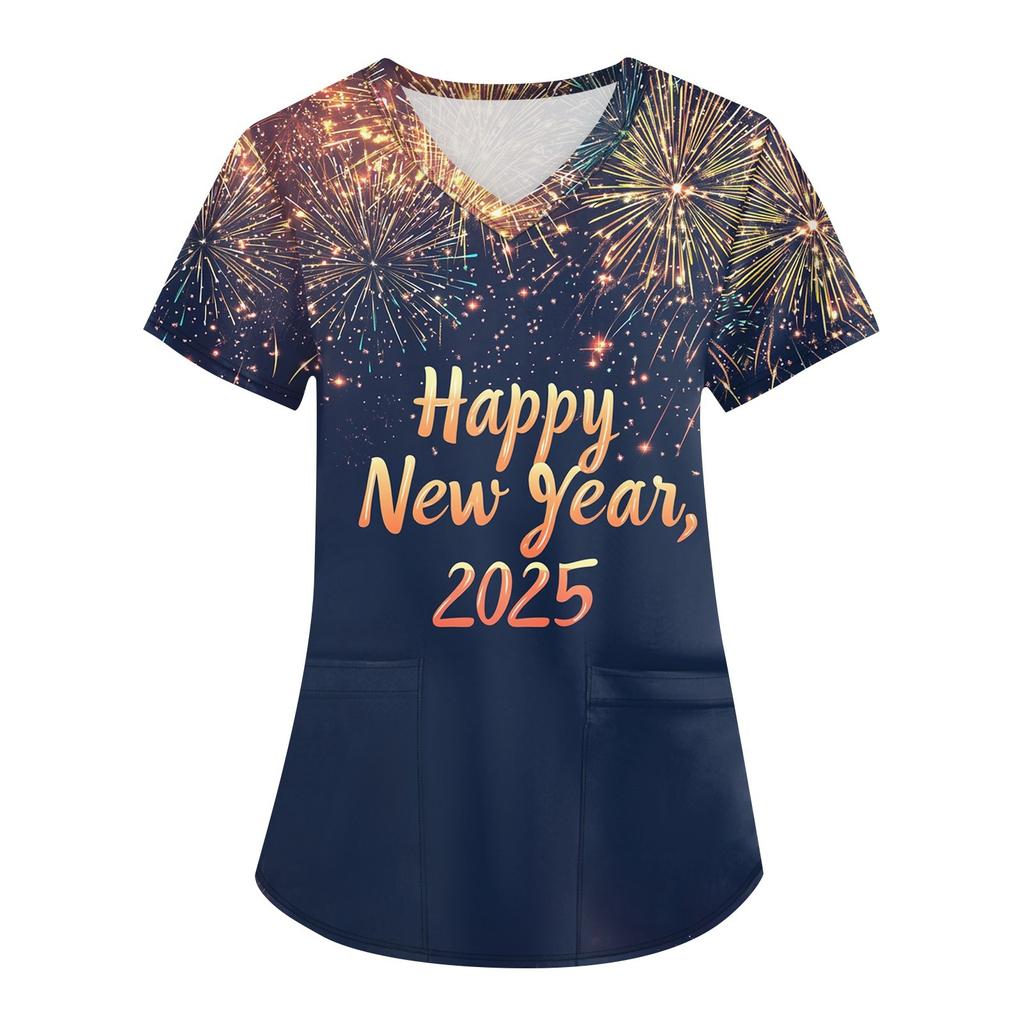 Women's Fashion V-neck Short Sleeve Workwear With Pockets  Printed Tops