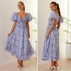 Women Evening Dress Bubble Sleeves Low-cut Off Shoulder Colorful Print A-line Big Hem Patchwork Hollow Out Pleated