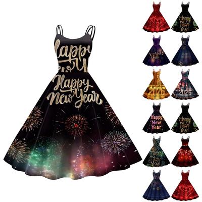 Женское повседневное модное миди-платье с круглым вырезом и новогодним принтом