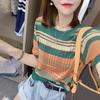 New Rainbow Striped T-shirt for Women Short-sleeved Chic Ice Silk Top Summer Hollow Pullover