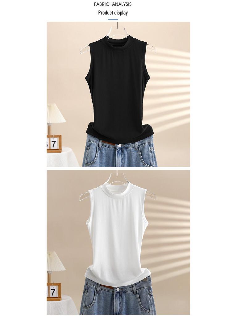Женский облегающий хлопковый жилет без рукавов с полувысоким воротником - Летний топ однотонной расцветки