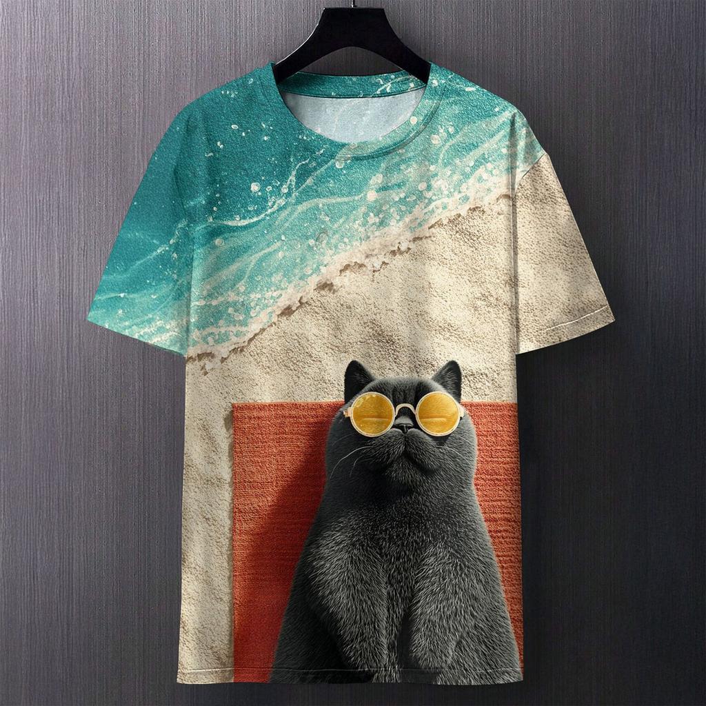 Fun Cat Pattern Printed T-shirt Summer Casual Loose Round Neck Short Sleeved Men's T-shirts