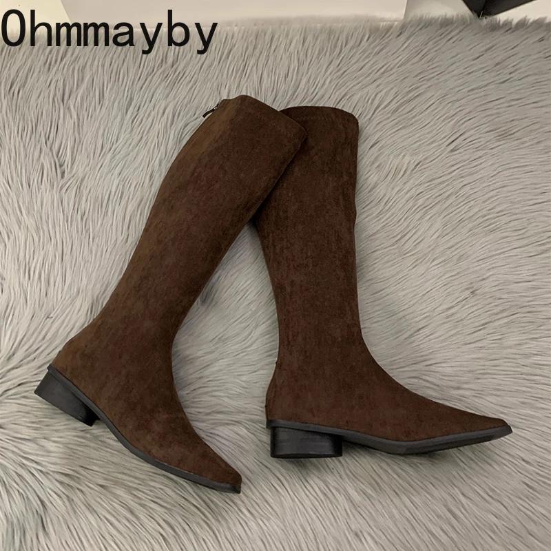 Дизайнерские винтажные женские сапоги до колена, модные туфли на низком каблуке, лаконичные, тонкие, длинные, Botas De Mujer