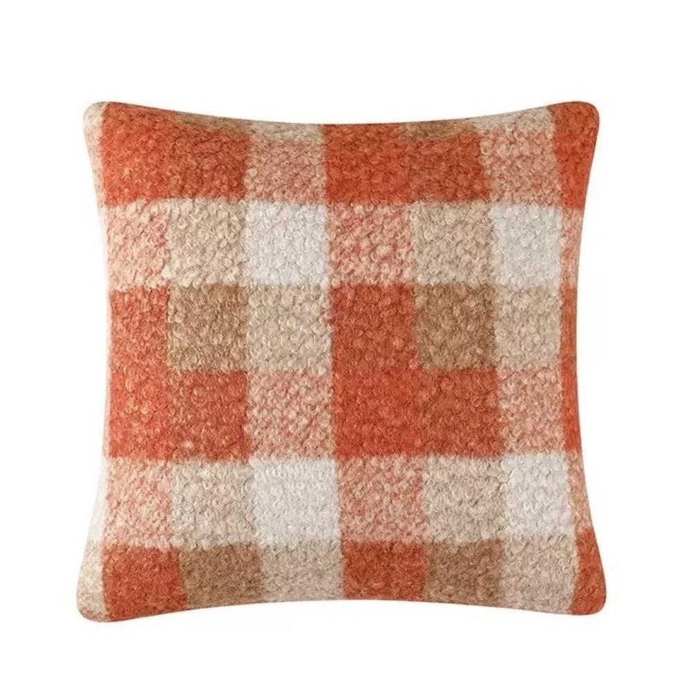 Orange Red Plushie Pillow Covers Plaid Pattern Cushion Cover Stylish Boucle Pillowcase  Fall Season
