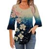 Women's Fashion Casual Pleated Round Neck Floral Print Three-Quarter Sleeve T-Shirt Top