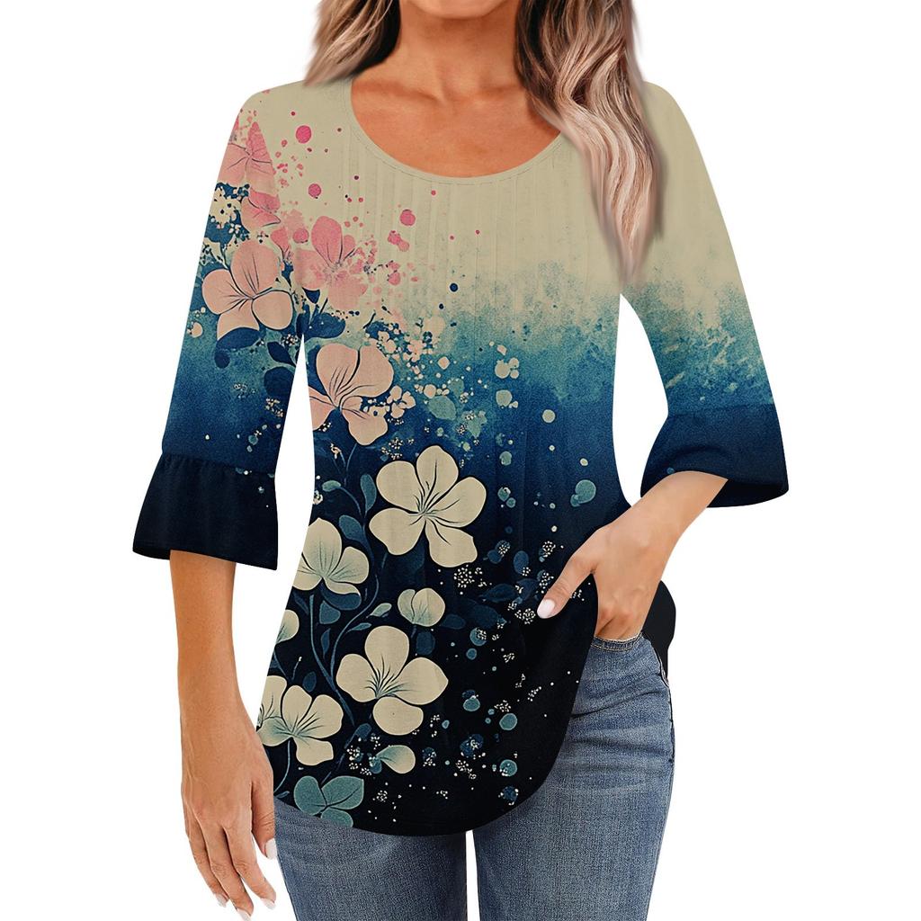 Women's Fashion Casual Pleated Round Neck Floral Print Three-Quarter Sleeve T-Shirt Top