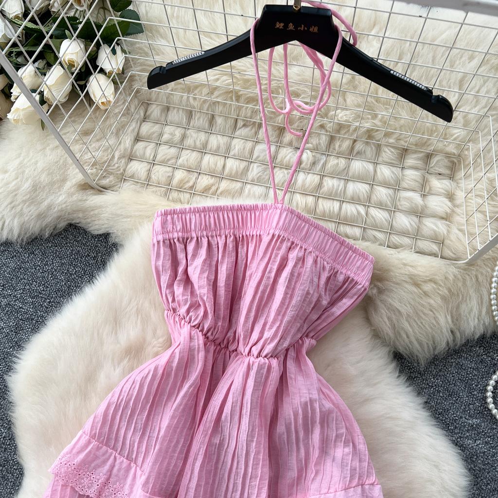 Летние женские розовые бретельки через шею с открытой спиной и вышивкой, длинные макси-платья Sweet Princess Chic