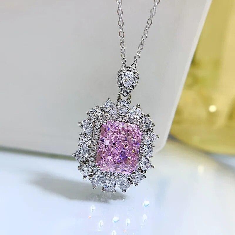 S925 100% Sterling Silver Necklace Radiant High Carbon Diamond 10*12mm Pendant Pink Gemstone Wedding Engagement Jewelry