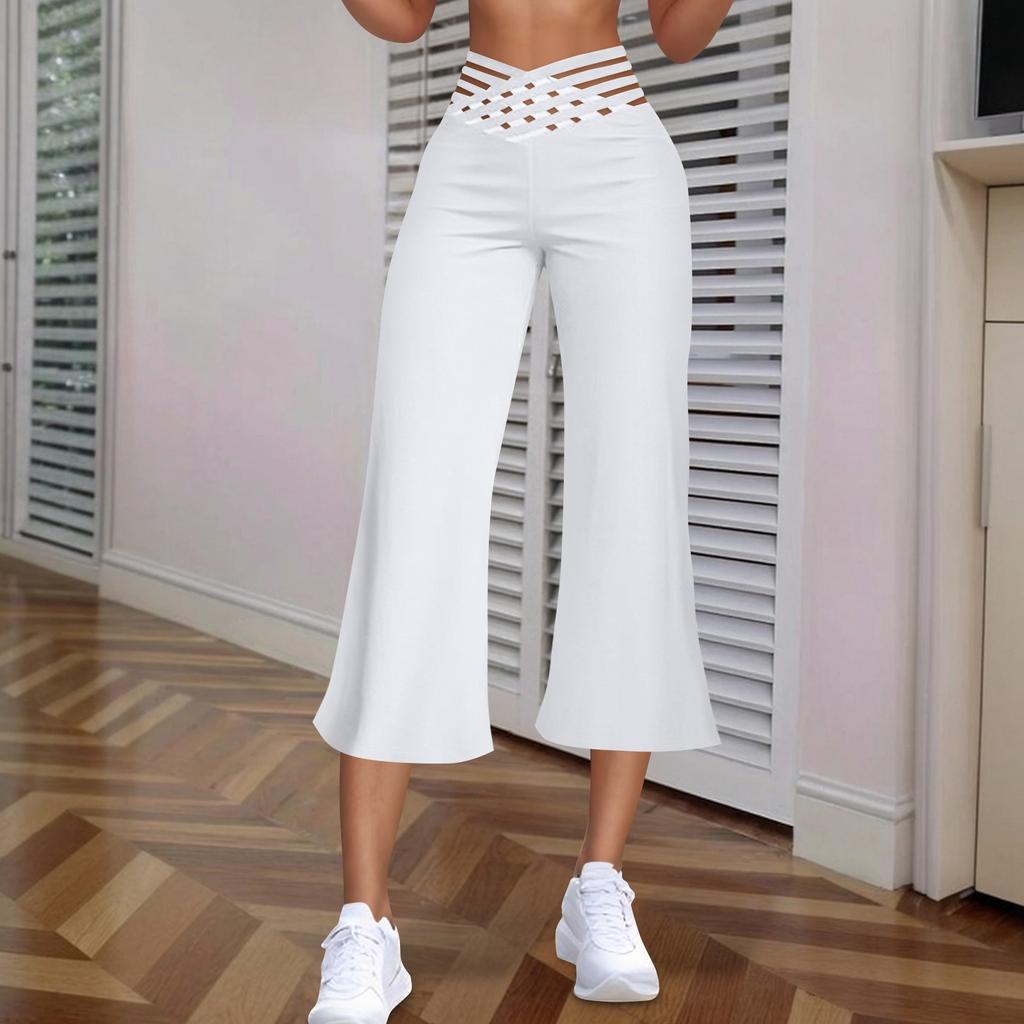 Women's Hollow Belt Trousers Temperament Flared High Waist 3/4 Pant Casual Fit Wide Capris Leg Pants