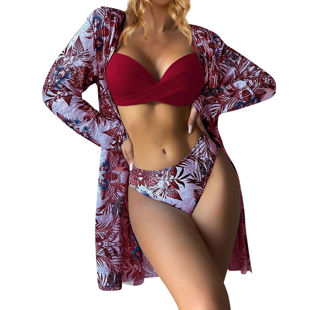 Женский бикини с цветочным принтом, сексуальный быстросохнущий купальник, комплект из 3 предметов