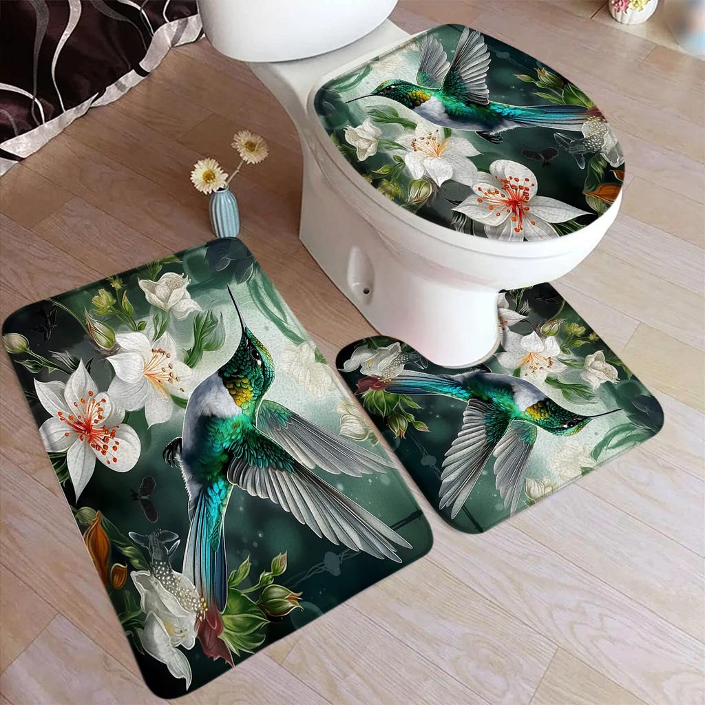 Hummingbird Bath Mat Set White Flowers Green Plants Birds Rustic Home Carpet Bathroom Decor Floor Rugs U-Mats Toilet Lid Cover