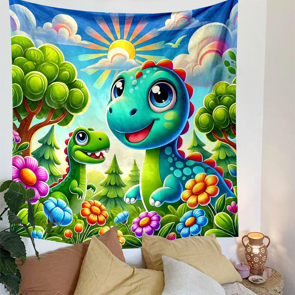 "Colorful Cartoon Dinosaurs in Nature" Patterned Tapestry Decorative Wall Hanging, Home Bedroom Living Room Decor