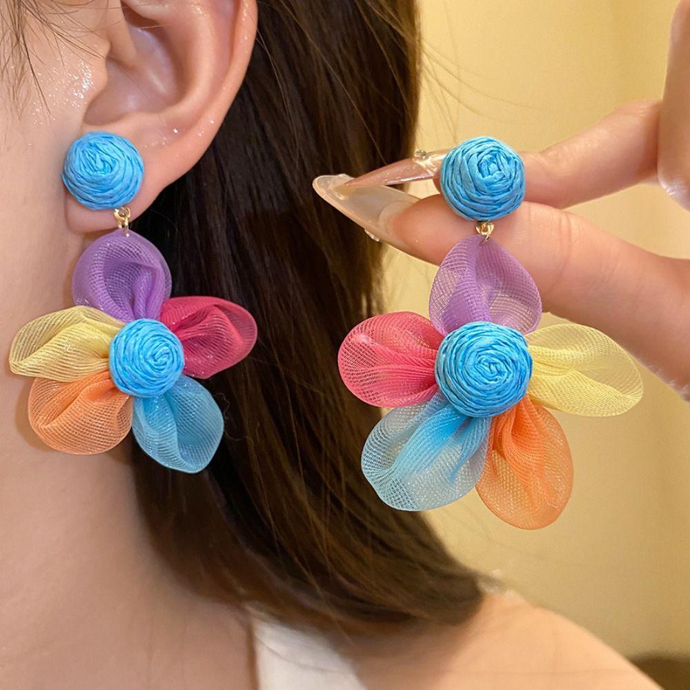 Raffia Dangle Earrings Sunflower Flower Ear Drop Elegant Wood Drop Earrings Holiday