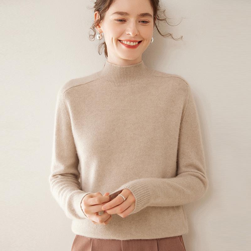 Женский кашемировый зимний свитер - Полувысокая горловина, Толстая вязка, Рукав реглан, Пуловер свободного кроя.