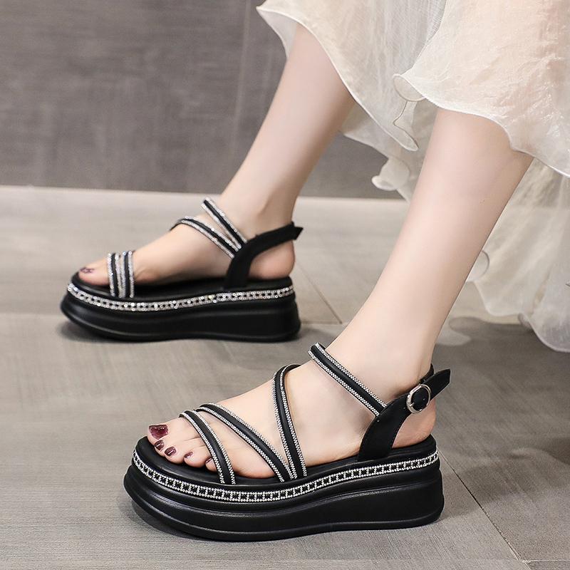 Fashion Waterproof Platform Sandals Summer New Round Head Thick Sole Crystal Thin with Soft Sole Non-slip Mid-heel Shoes