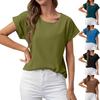 Ladies Summer Casual Roll Short Sleeve Round Neck Solid Color Blouse Women's Shirt