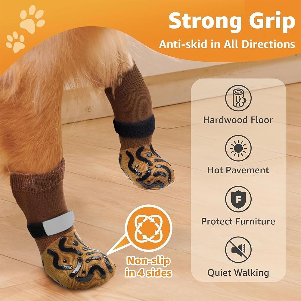 4PCS Anti-Slip Cozy Dog Socks Adjustable Band Pets Knitted Socks Paw Protection Socks Indoor